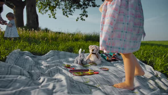 Three-year-old Daughter Takes a Stuffed Toy of a Plush Hare and Goes To a Tree alt