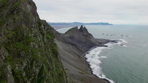 Drone Shot From Vestrahorn Mountain Of Coastline alt