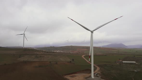 Aerial view of wind turbine landscape. Wind farm energy ecofriendly in mountains alt