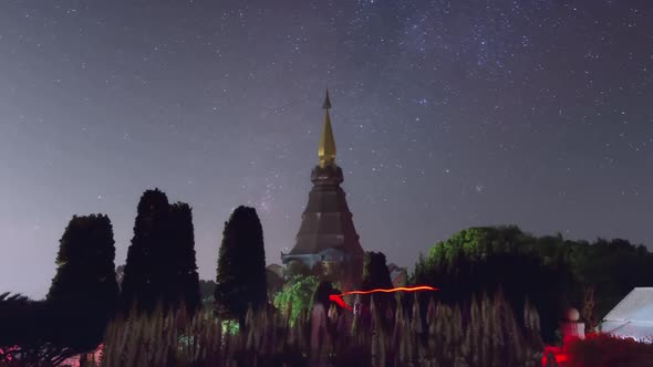 Star trails moving over a sacred temple.
