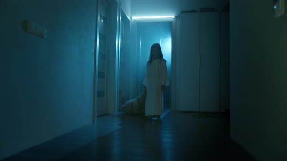 Ghost Girl In White Nightgown With Loose Hair In A Scary House, Stock ...