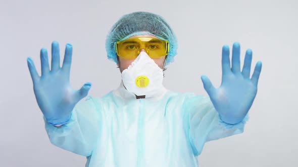 Medical Scientist in Blue Gloves Prevent Spreading Virus By Distancing and Protection Equipment alt