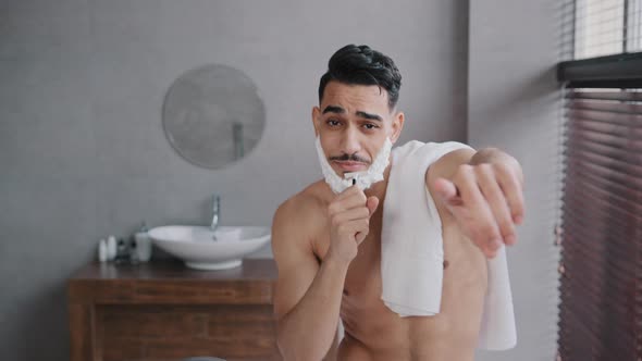 Cheerful Funny Goofy Handsome Arab Man Guy with White Soap Suds on Beard Naked Male with Towel on alt