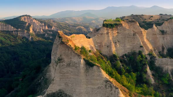 Beautiful Aerial Footage Over the Sand Cliffs Old Melnic Pyramids in Bulgaria alt