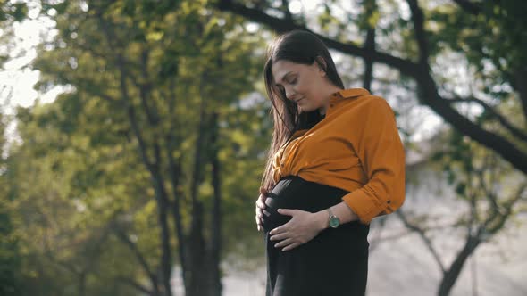 Pregnant Happy Woman outdoors enjoying nature. Pregnant Woman Belly.