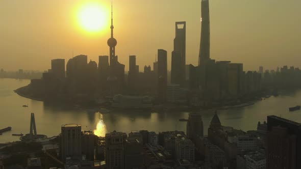 Shanghai City at Sunrise. Lujiazui Skyline. China. Aerial View alt