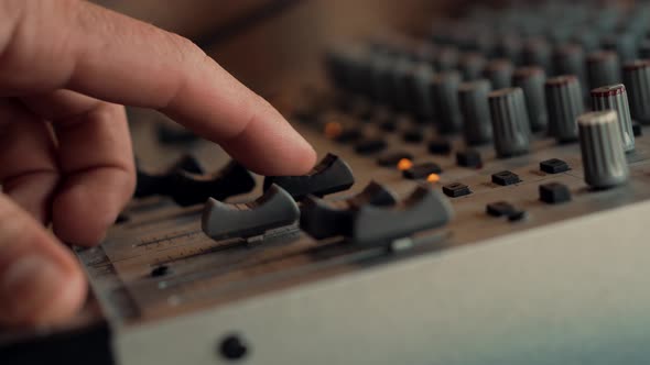 Soundboard Pads TV Station. Sound Designer Used Digital Audio Mixer In Production Studio. alt