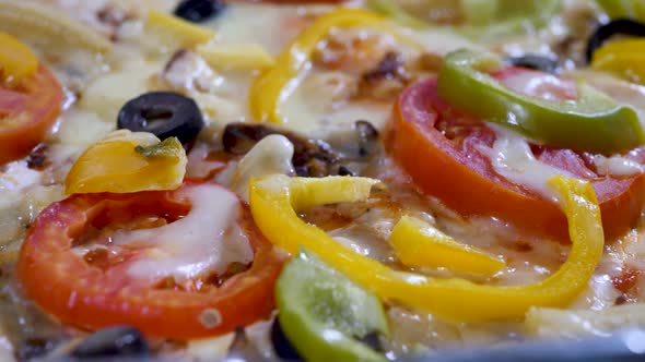 Hot Pizza with Chicken Meat, Cheese, Sliced Tomato and Black Olives