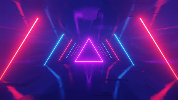 A neon triangle flying through a metallic sci-fi endless corridor with neon lights