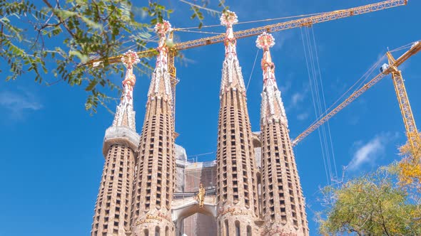 Sagrada Familia a Large Roman Catholic Church in Barcelona Spain Timelapse alt