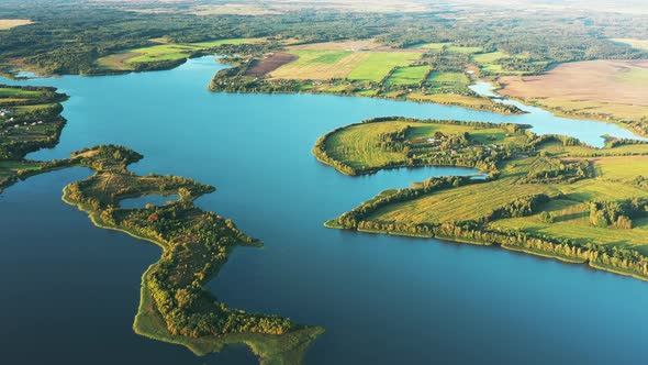 Aerial View Of Lakes Rivers Island And Green Countryside Landscape alt