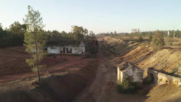 Aerial drone view of the abandoned mines of Mina de Sao Domingos, in Alentejo Portugal alt