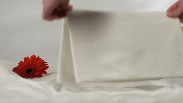 Chambermaid Taking Towels From Hotel Room, Flower on Fresh Bed-Linen, Service alt