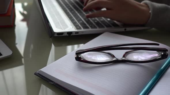 The girl working at home office hands on keyboard alt