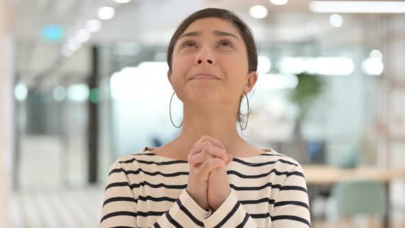 Portrait of Happy Indian Woman Inviting By Hand Gesture  alt