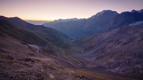 Timelapse of Sunrise in Stelvio Pass in the Alps alt