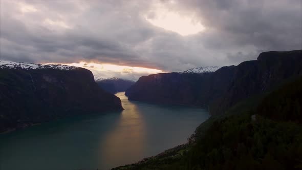 Fjord in Norway viewed from air on cloudy evening. alt