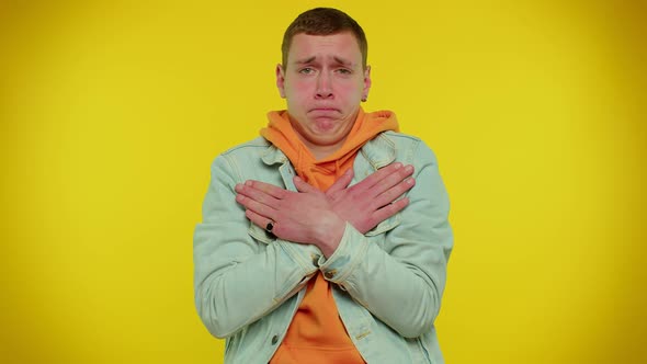 Man on Yellow Studio Background Pointing Fingers Himself Ask Say Who Me No Thanks I Do Not Need It alt