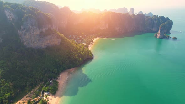 An aerial view from a drone over the bay, tropical seas and beautiful scenery alt