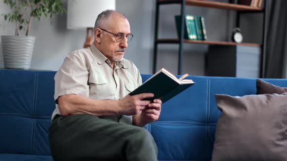 Enthusiastic Aged Man Reading Interesting Book Turning Page Sitting on Blue Couch Time for Yourself alt
