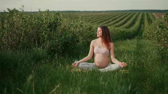 Pregnant young woman with dark hair in a pink top and light pants enjoys the sun outdoors.