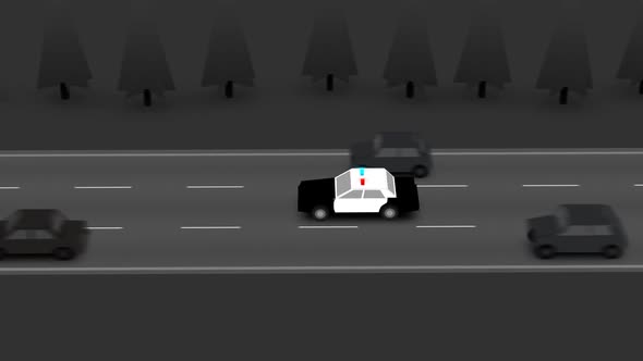 The police car speeding on a busy road, The vehicle is going fast between cars. alt