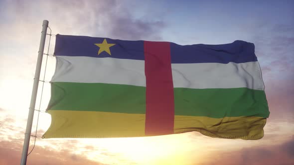 Flag of Central African Republic Waving in the Wind Sky and Sun Background alt