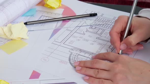 Architect Designer Interior Creative Working Hand Drawing Blueprints Protractor in Office Workplace alt