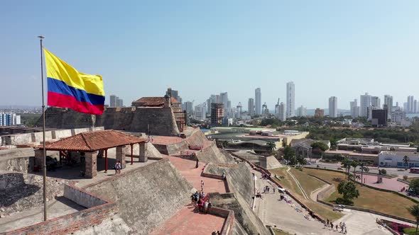 The National Flag of Colombia in Cartagena Aerial Panorama City View