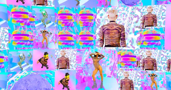 Looped 4k animation. 2d, 3d Crazy chaos mix of fashion objects