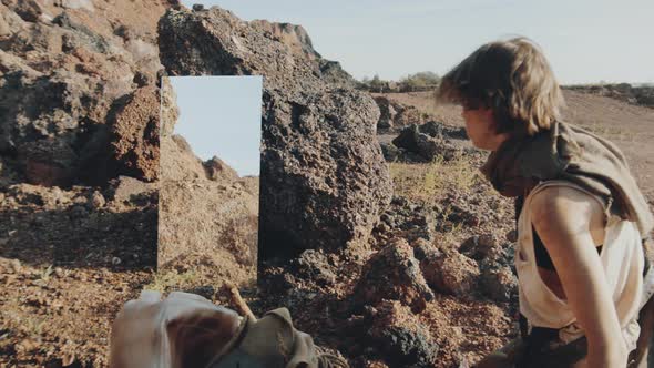 Woman Pushing Cart and Looking in Mirror in Post Apocalyptic World alt