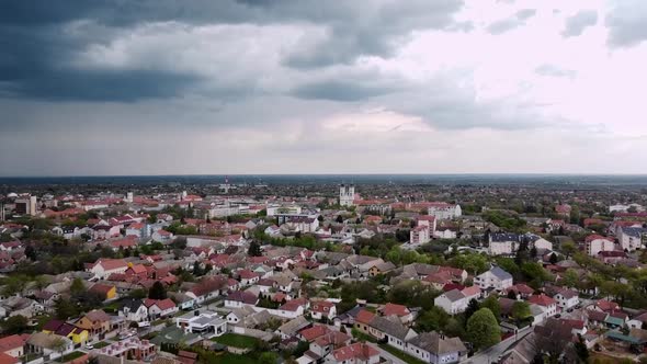Aerial top down view of Sombor town in Vojvodina, Serbia, St. Stephan Chruch, beautiful moody sky 