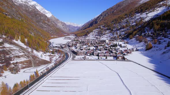 The Village of Tasch in Switzerland in the Winter Aerial View alt