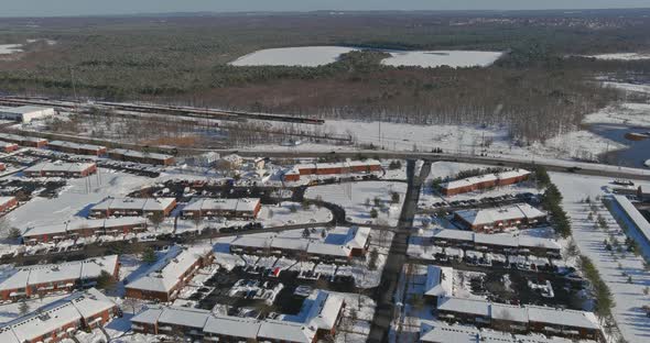 The Winter View of Small Apartment Complex Courtyards Roof Houses Covered Snow alt