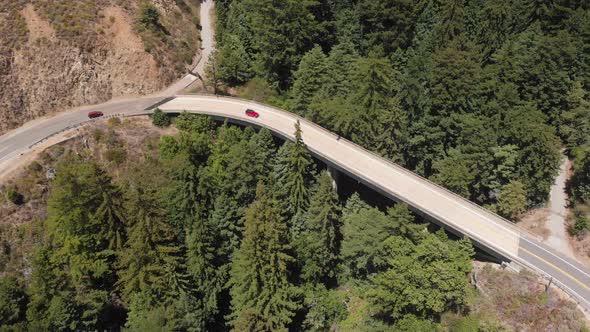 Drone captures cars drive across bridge through redwood trees in Big Sur