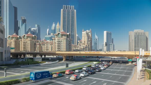 Busy Traffic Near Sheikh Zayed Road Timelapse Modern Skyscrapers Around in Luxury Dubai City alt