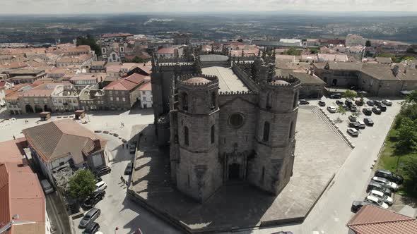 Top view Guarda Cathedral, Historic stone Church city centre, Portugal