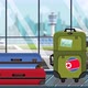 Suitcases with North Korea Flag Stickers on Baggage in Airport
