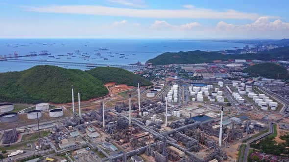 Aerial view of petrochemical oil refinery and sea in industrial engineering at Laem Chabang,Chonburi