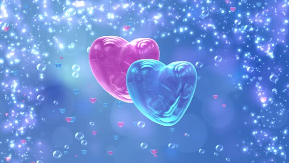 Romantic Gradient 3d Background With Blue And Pink Glass Hearts