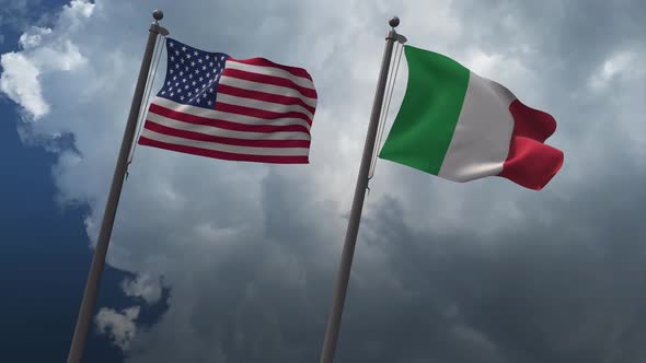 Waving Flags Of The United States And The Italy 4K alt
