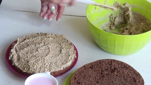 A Woman Smears A Biscuit Cake With Cream. Places The Second Cake On Top. alt