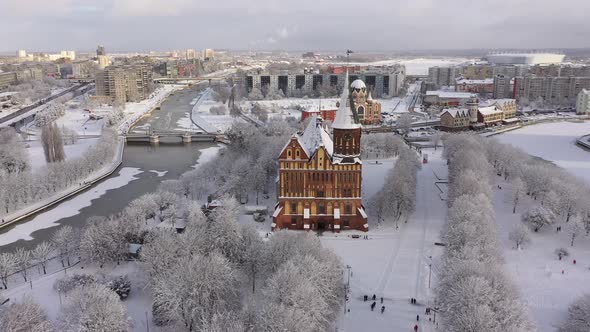 Aerial: The Cathedral of Kaliningrad in the wintertime alt