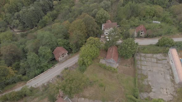 Beautiful Mountain Landscape Of Forests And Old Abandoned Houses And An Outdoor Pool