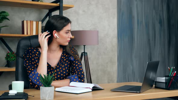Thoughtful female student performs practical task thinks solution problem, distance education alt