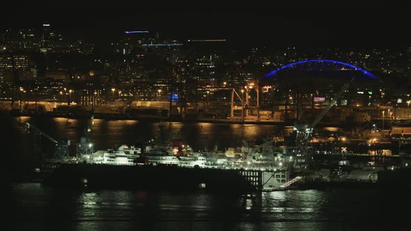 Port Of Seattle Ship Repair Cranes Downtown Skyline Cityscape Night Background alt