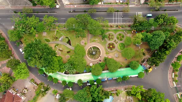 Aerial top view of popular playground for children Badaan Park, Magelang, Java alt
