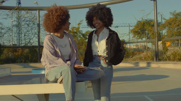 Two Mixed Race Woma in the Park with Tennis Tables Talking and Laughing alt