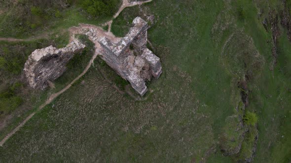 Aerial view of ruins of the castle in Gubkiv, Rivne region