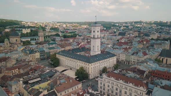 Aerial Drone Video of European City Lviv, Ukraine. Rynok Square, Central Town Hall, Dominican Church alt